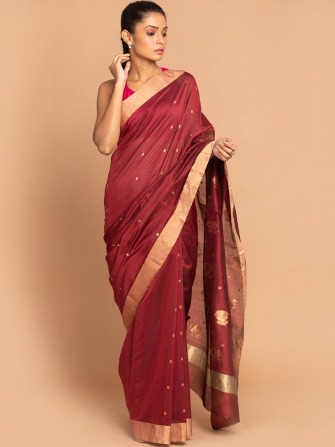 

Indethnic Red & Gold-Toned Woven Design Zari Silk Cotton Chanderi Saree