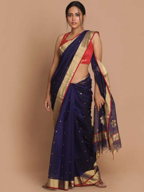 

Indethnic Navy Blue & Gold-Coloured Ethnic Motifs Zari Silk Cotton Chanderi Saree