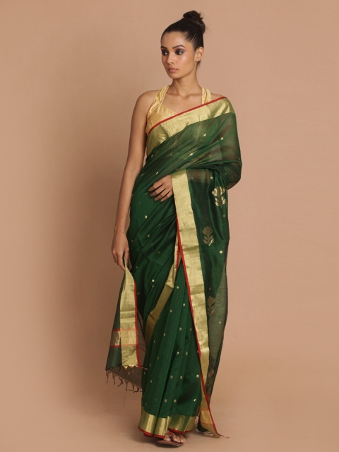 

Indethnic Green & Red Zari Silk Cotton Chanderi Saree