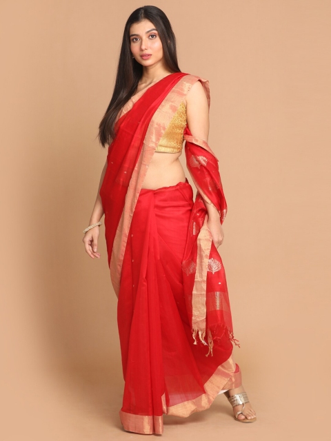 

Indethnic Red & Gold-Toned Floral Zari Silk Cotton Chanderi Saree