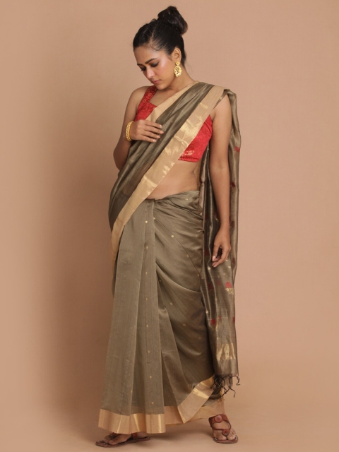 

Indethnic Taupe & Copper-Toned Woven Design Zari Silk Cotton Chanderi Saree