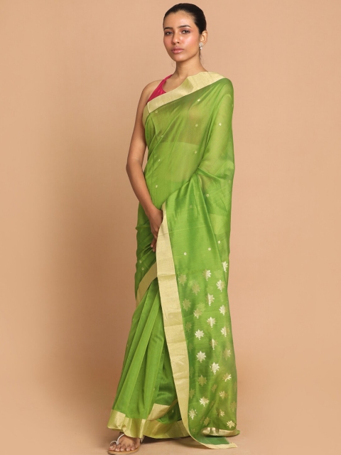 

Indethnic Lime Green & Gold-Coloured Ethnic Motifs Zari Silk Cotton Chanderi Saree