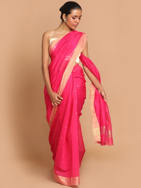 

Indethnic Magenta & Gold-Toned Zari Silk Cotton Chanderi Saree