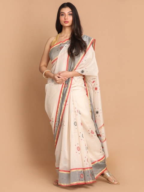 

Indethnic Cream-Coloured & Grey Checked Zari Silk Cotton Chanderi Saree