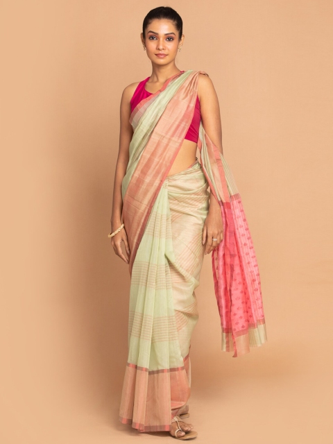 

Indethnic Green & Pink Woven Design Zari Silk Cotton Chanderi Saree
