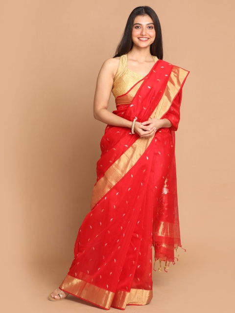 

Indethnic Red & Gold-Toned Ethnic Motifs Zari Silk Cotton Chanderi Saree