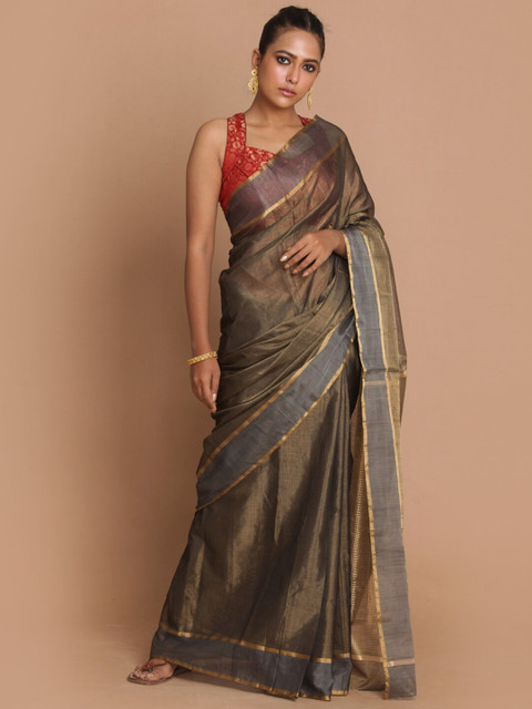 

Indethnic Coffee Brown & Grey Woven Design Zari Silk Cotton Chanderi Saree