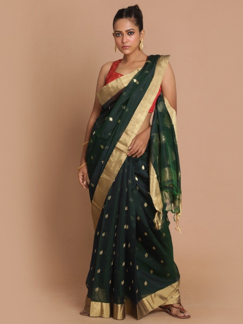 

Indethnic Green & Gold-Toned Ethnic Motifs Zari Silk Cotton Chanderi Saree