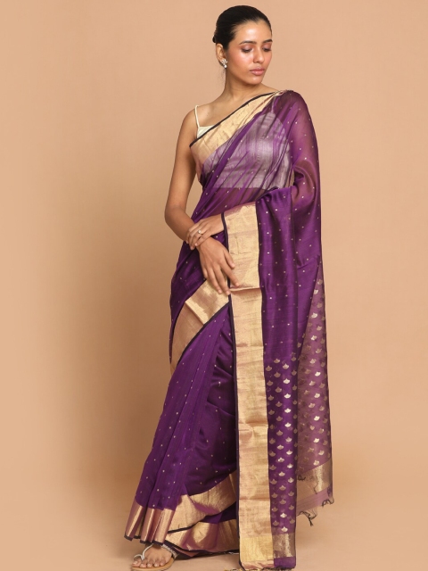 

Indethnic Purple & Gold-Toned Woven Design Zari Silk Cotton Chanderi Saree