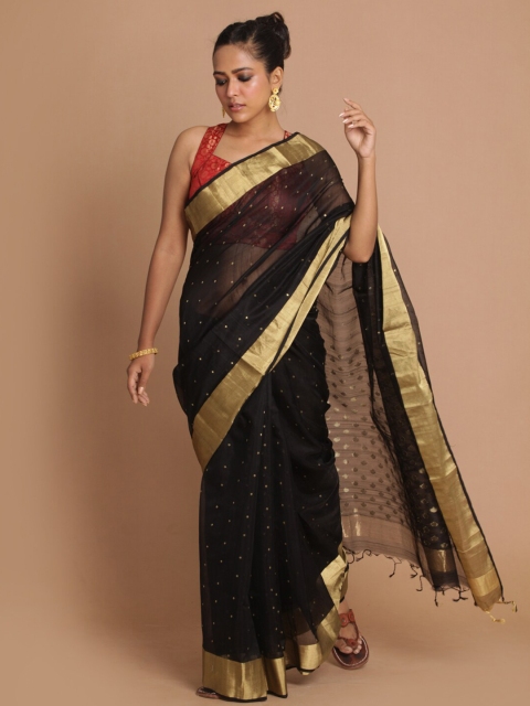 

Indethnic Black & Gold-Toned Zari Silk Cotton Chanderi Saree