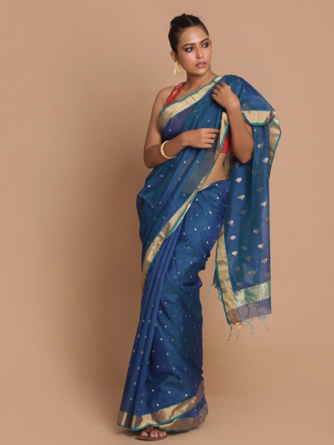 

Indethnic Blue & Gold-Toned Woven Design Zari Silk Cotton Chanderi Saree