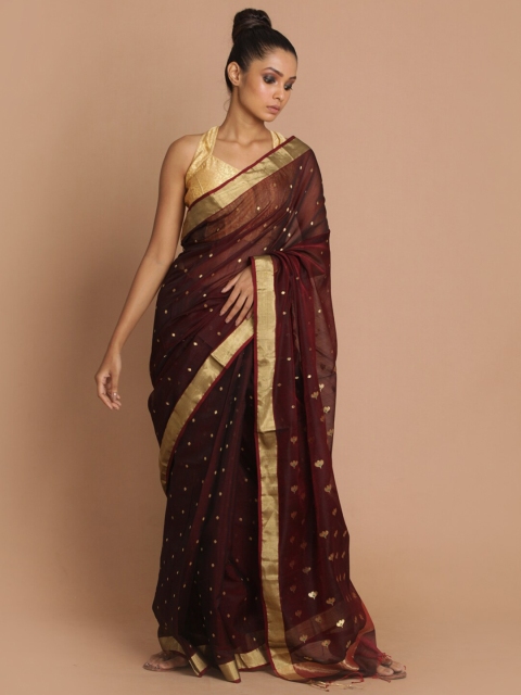 

Indethnic Brown & Gold-Toned Zari Silk Cotton Chanderi Saree