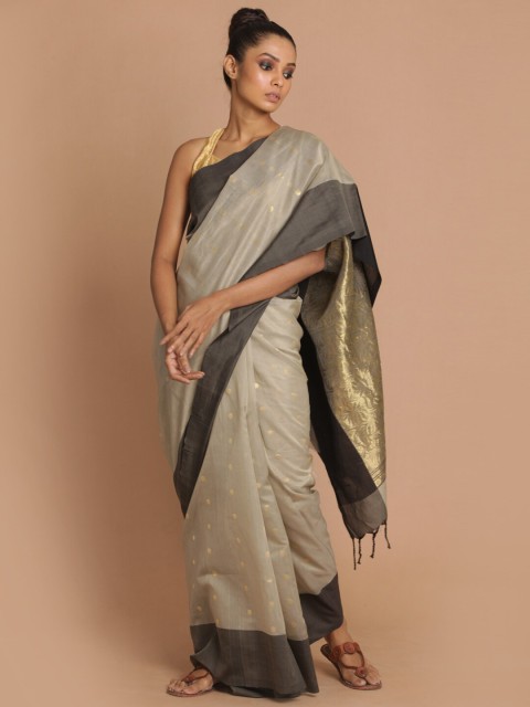 

Indethnic Grey & Gold-Toned Woven Design Silk Cotton Saree
