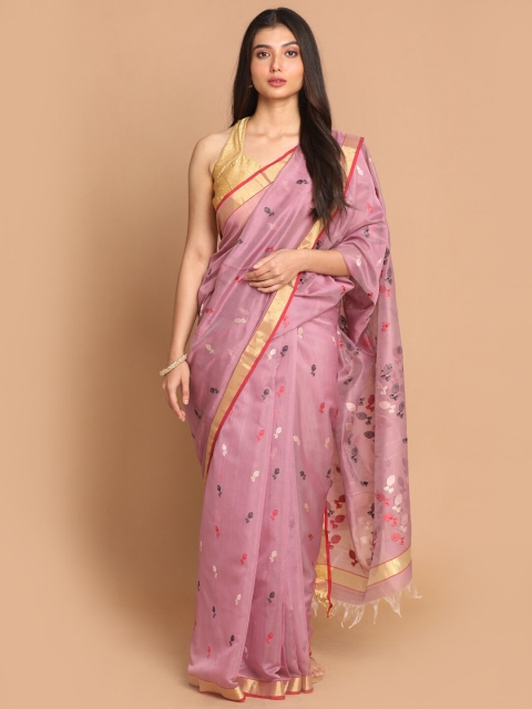 

Indethnic Lavender & Red Floral Zari Silk Cotton Chanderi Saree