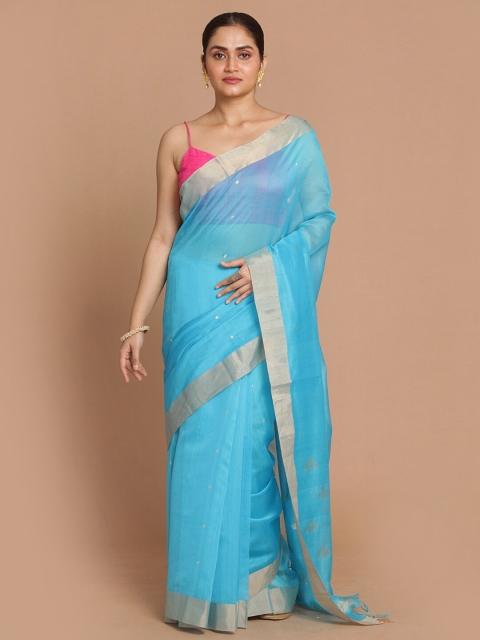 

Indethnic Blue & Gold-Toned Zari Silk Cotton Chanderi Saree