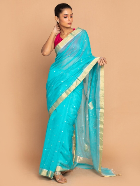 

Indethnic Blue & Gold-Toned Woven Design Zari Silk Cotton Chanderi Saree