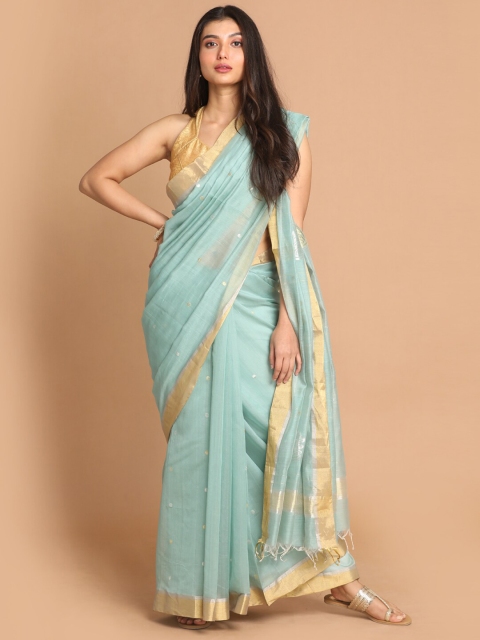 

Indethnic Sea Green & Gold-Coloured Ethnic Motifs Zari Silk Cotton Chanderi Saree