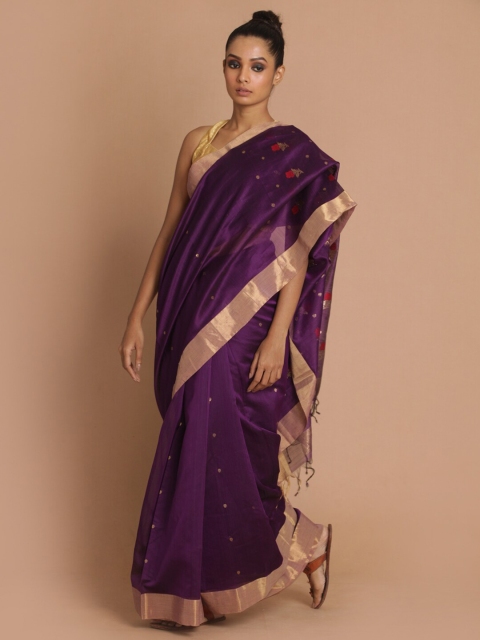 

Indethnic Purple & Red Zari Silk Cotton Chanderi Saree
