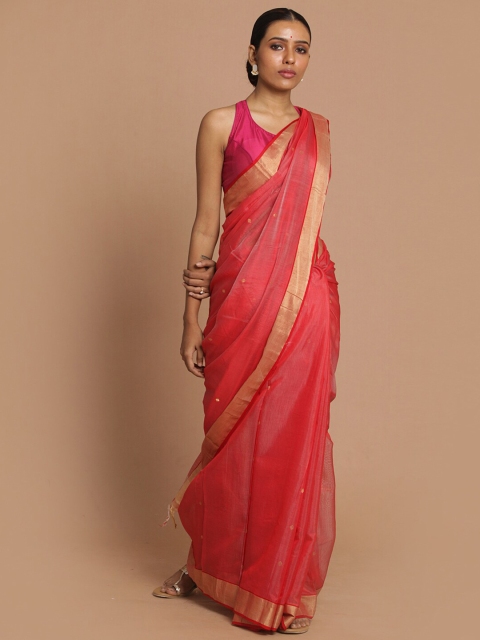 

Indethnic Coral & Gold-Toned Ethnic Motifs Zari Silk Cotton Chanderi Saree