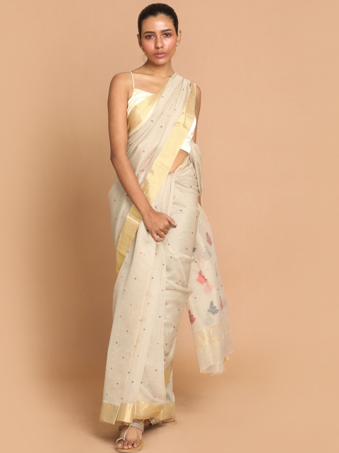 

Indethnic Off White & Red Woven Design Zari Silk Cotton Chanderi Saree