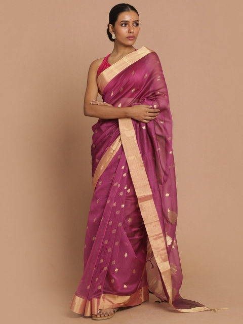 

Indethnic Purple & Gold-Coloured Ethnic Motifs Zari Silk Cotton Chanderi Saree