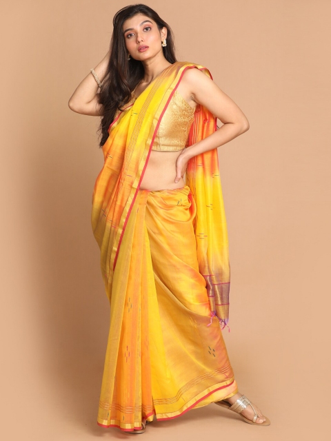 

Indethnic Yellow & Orange Woven Design Zari Silk Cotton Chanderi Saree