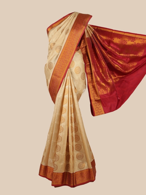 

Pothys Cream-Coloured & Red Ethnic Motifs Zari Art Silk Saree