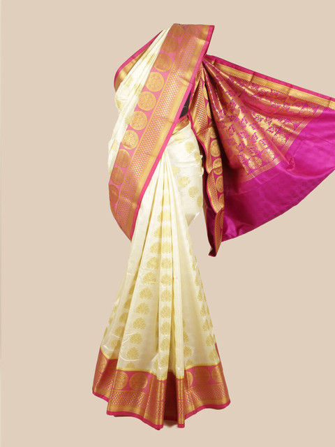 

Pothys Cream-Coloured & Pink Floral Zari Art Silk Saree