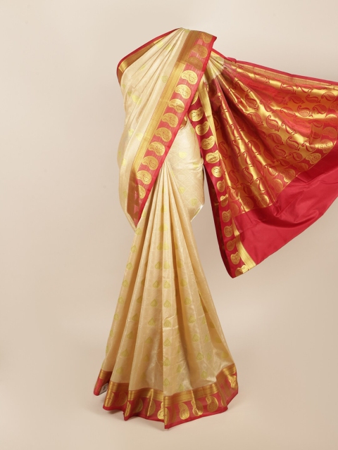 

Pothys Cream-Coloured & Red Ethnic Motifs Zari Art Silk Saree