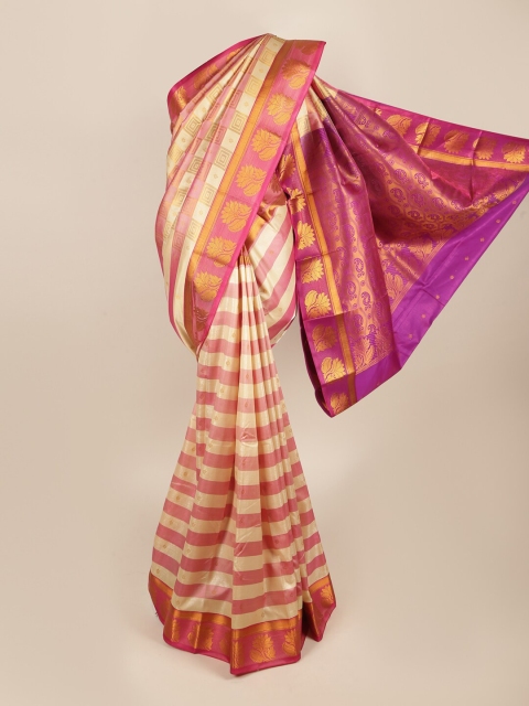 

Pothys Cream-Coloured & Purple Striped Zari Art Silk Saree