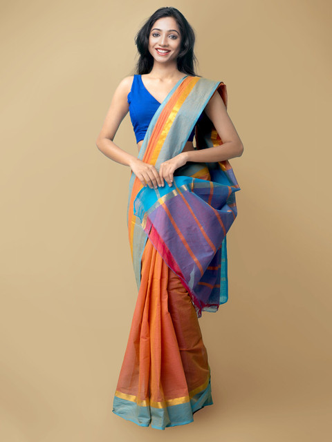 

Unnati Silks Pink & Yellow Striped Pure Cotton Mangalagiri Saree