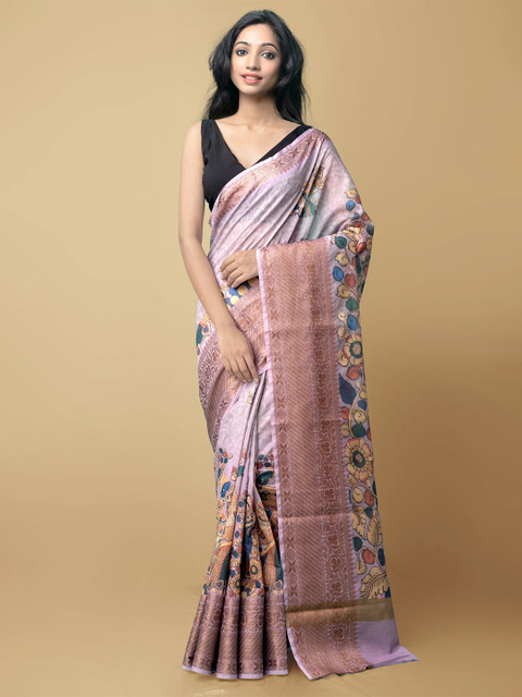

Unnati Silks Pink & Cream-Coloured Kalamkari Zari Linen Blend Kanjeevaram Saree