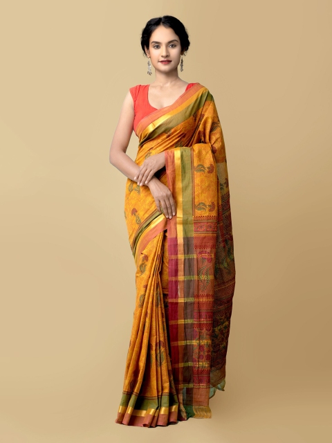 

Unnati Silks Orange & Mustard Ethnic Motifs Pure Cotton Mangalagiri Saree