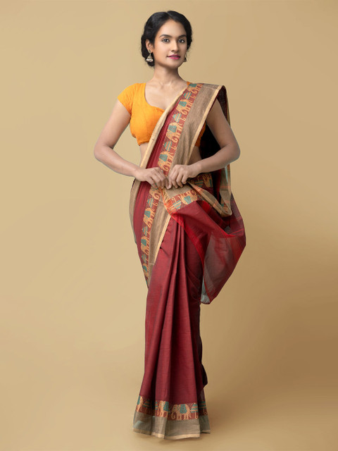 

Unnati Silks Maroon & Blue Ethnic Motifs Pure Cotton Chettinad Saree