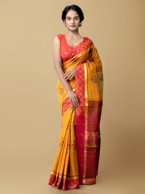 

Unnati Silks Yellow & Red Ethnic Motifs Pure Cotton Mangalagiri Saree