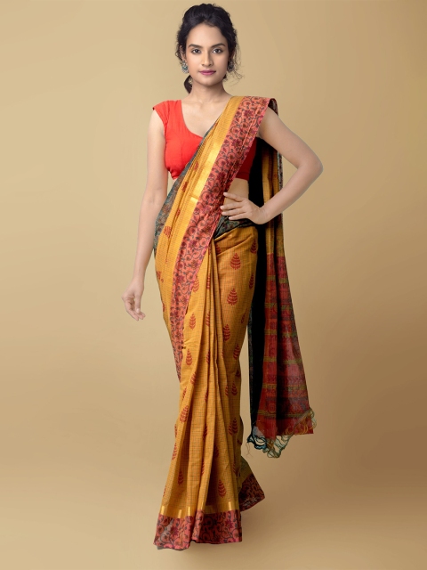 

Unnati Silks Yellow & Red Ethnic Motifs Block Printed Zari Pure Cotton Mangalagiri Saree