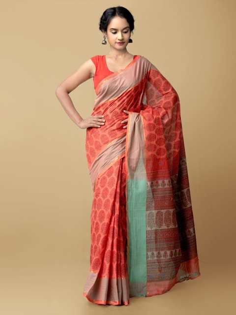 

Unnati Silks Red & Green Ethnic Motifs Pure Cotton Mangalagiri Saree