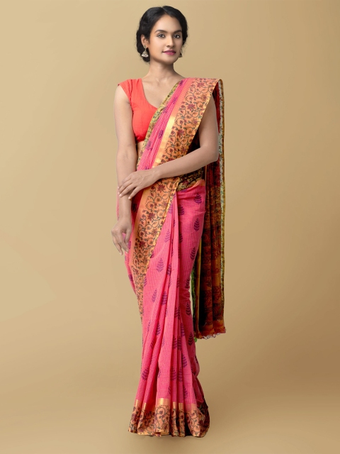 

Unnati Silks Pink & Gold-Toned Floral Printed Pure Cotton Mangalagiri Saree