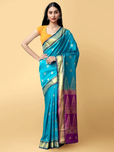 

Unnati Silks Turquoise Blue & Purple Ethnic Motifs Zari Kanjeevaram Saree