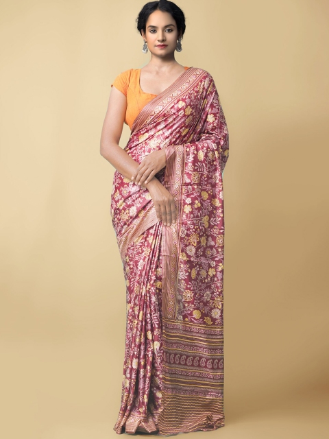 

Unnati Silks Burgundy Floral Printed Art Crepe Silk Saree
