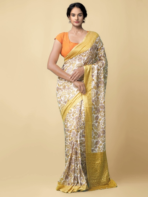 

Unnati Silks Cream-Coloured & Brown Floral Block Print Saree