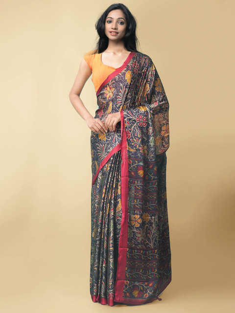 

Unnati Silks Blue & Yellow Floral Block Print Saree