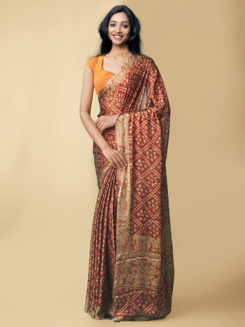 

Unnati Silks Maroon & Tan Floral Block Print Saree