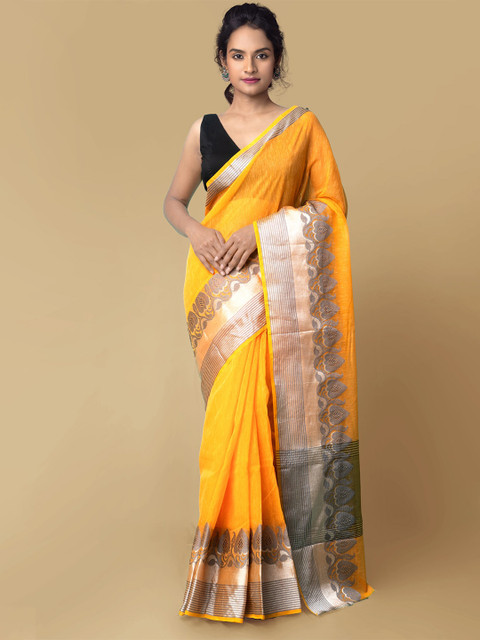 

Unnati Silks Orange & Silver-Toned Woven Design Zari Jute Silk Chanderi Saree