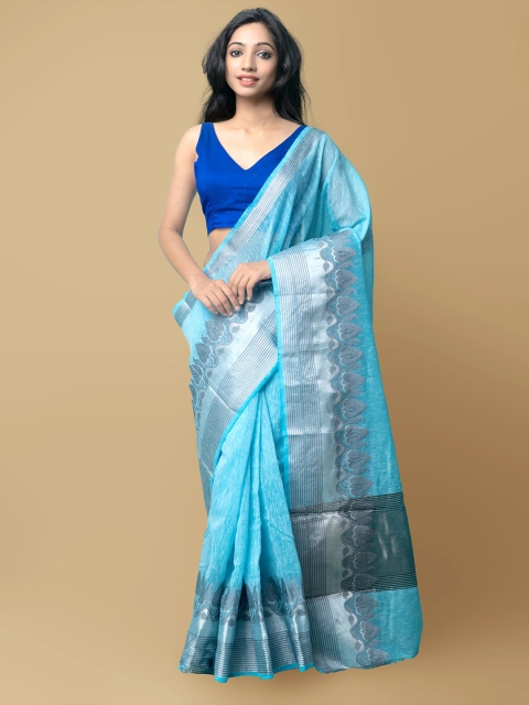 

Unnati Silks Blue & Silver-Toned Zari Jute Silk Chanderi Saree