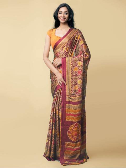 

Unnati Silks Maroon & Mustard Yellow Floral Block Print Saree
