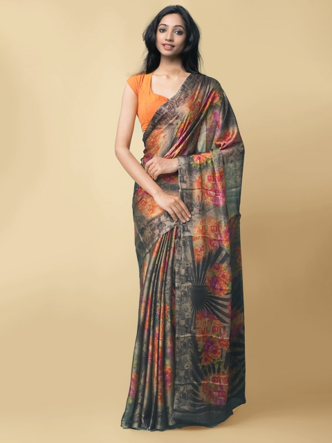 

Unnati Silks Grey & Orange Floral Block Print Saree