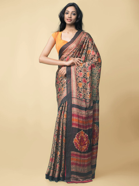

Unnati Silks Black & Red Ethnic Motifs Block Print Saree