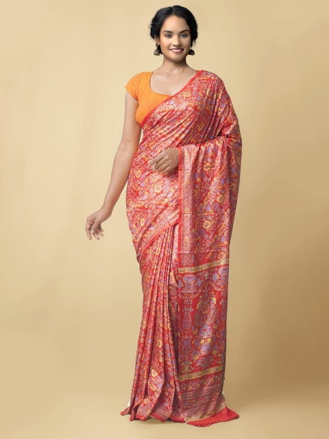 

Unnati Silks Red & Yellow Floral Block Print Saree