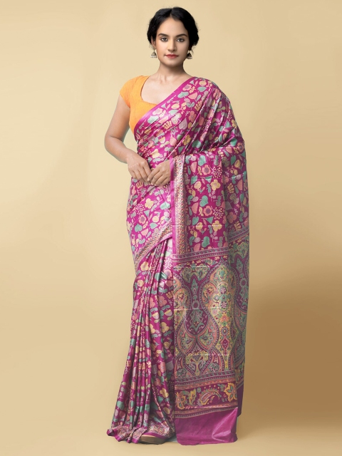 

Unnati Silks Purple Floral Printed Art Crepe Silk Saree